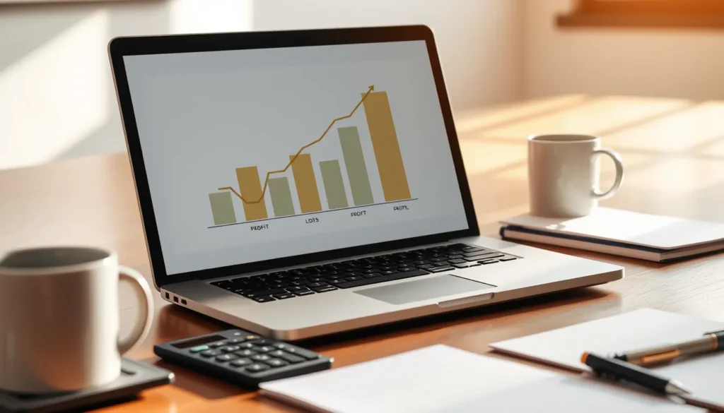 Desk with laptop showing a bar chart, calculator, coffee mug, notepad.