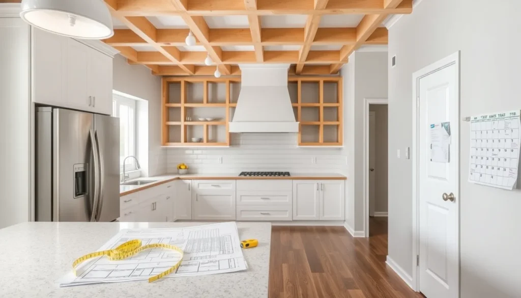 Partially renovated kitchen with exposed framing, blueprint, measuring tape, and wall calendar.