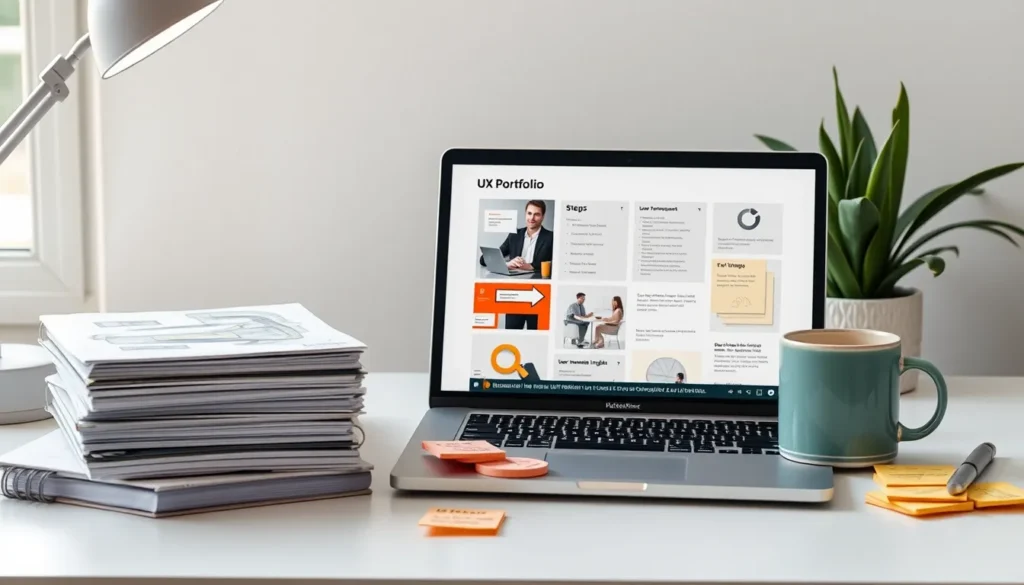 A tidy desk with a laptop, sketchbooks, sticky notes, and a coffee mug, illustrating a UX design workflow.